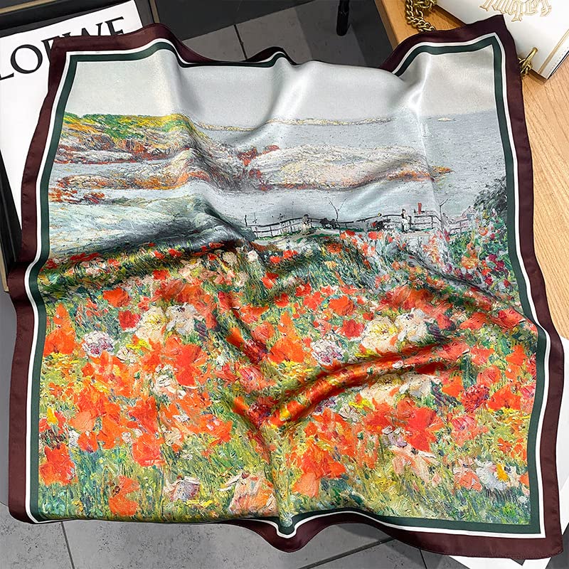 FEIBOON 100% Pure Mulberry Silk Scarfs 26"x26" Square Scarf Women Neckerchief Headscarf hair scarf bandana Gift Packed - color: Flower Sea Oil Painting