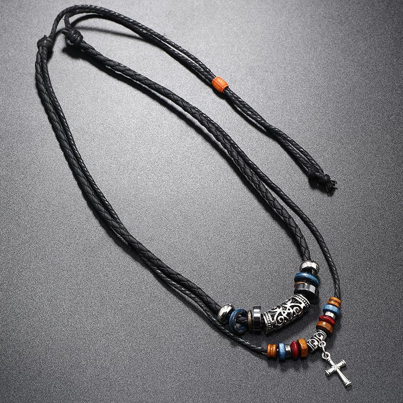 ONLYJUMP Bohemian Double Layers Leather Necklace for Men Women Vintage Boho Tribal Ethnic Wood Beads Braided Adjustable Hipppie Cross Hemp Cords Pendant Charm Choker Jewelry - color: Cross