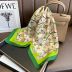 FEIBOON 100% Pure Mulberry Silk Scarfs 26"x26" Square Scarf Women Neckerchief Headscarf hair scarf bandana Gift Packed - color: Beige+green Flowers
