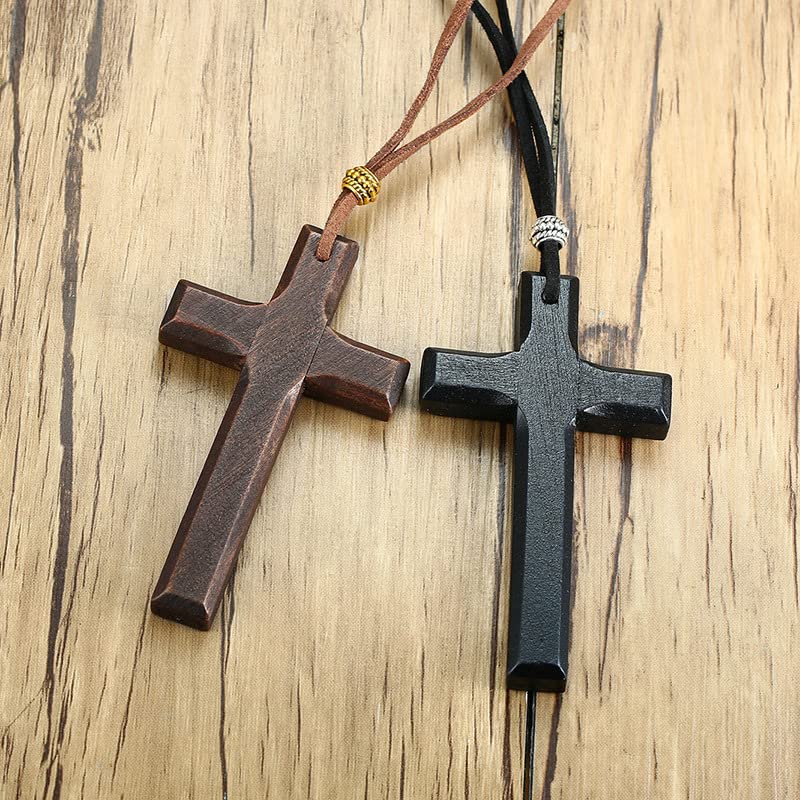 Cross Necklace for Men Vintage Wooden Cross Necklaces Wood Crucifix Pendant Christian Jewelry Gift for Men - color: Big Black
