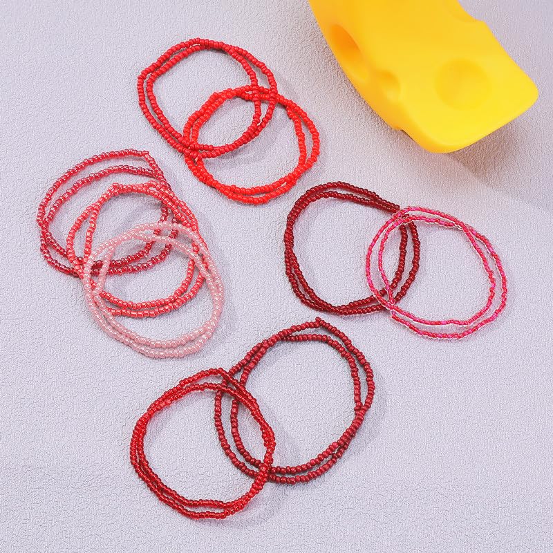 18-20PCS Colorful Bohemia Seed Beaded Bracelets Set Stackable Boho Stretch Bangle Bracelets Multilayer Boho Anket Concert Summer Beach Vaction Surf Jewelry Accessory - color: Red-20pcs