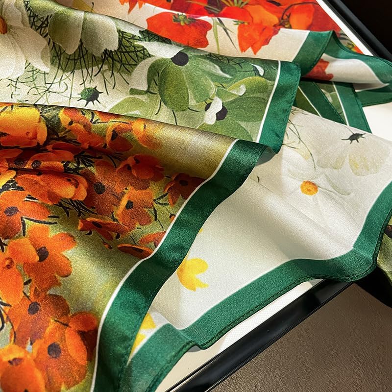 100% Mulberry Silk Neck Scarf - 21'' x 21'' Lightweight Neckerchief - Women Men Small Square Digital Printed Scarves - color: Flower005