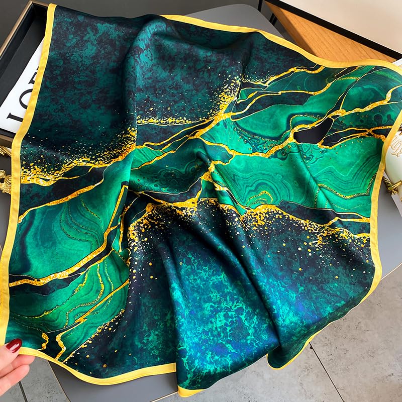 FEIBOON 100% Pure Mulberry Silk Scarfs 26"x26" Square Scarf Women Neckerchief Headscarf hair scarf bandana Gift Packed - color: Green + Gold