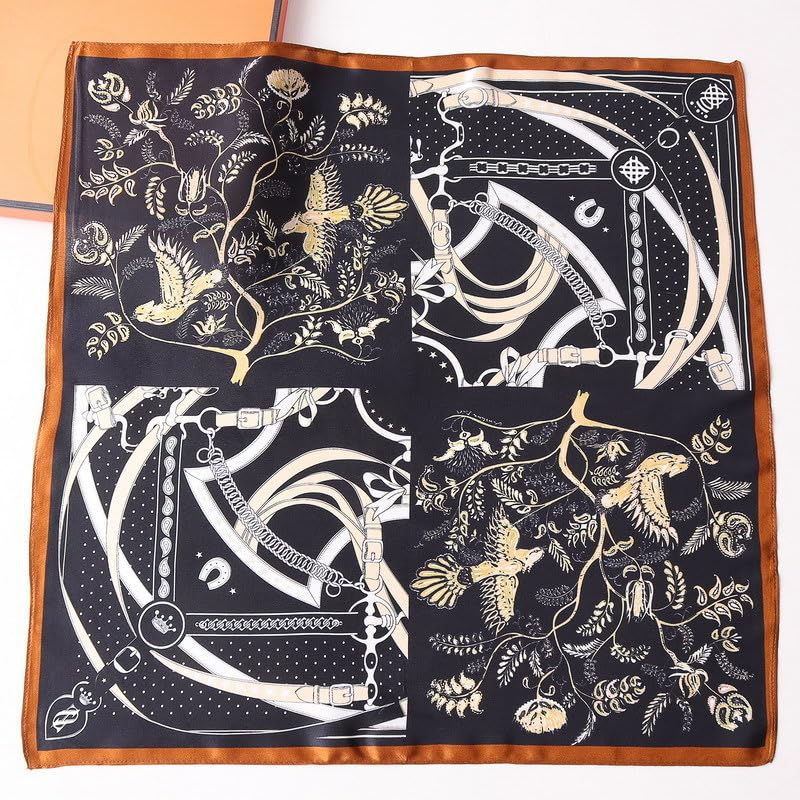 ANDANTINO 100% Mulberry Silk Square Scarf for Hair-25.6" X25.6'' Women Men Natural Silk Neckerchief Digital Printed Headscarf - color: Black&gold