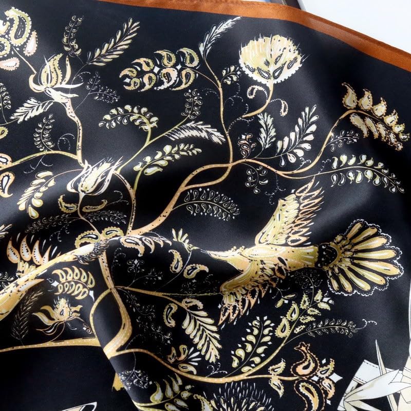 ANDANTINO 100% Mulberry Silk Square Scarf for Hair-25.6" X25.6'' Women Men Natural Silk Neckerchief Digital Printed Headscarf - color: Black&gold