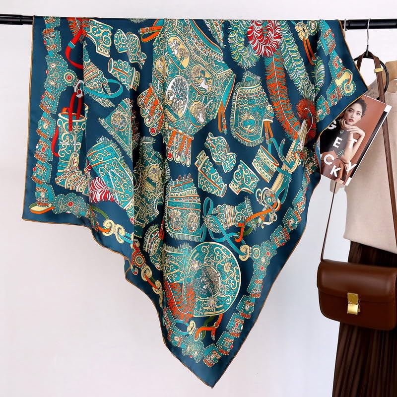 100% Pure Mulberry Silk Scarf 43”*43” Large Square Lightweight Headscarf Women’s Hair Wraps Shawls with Gift Packed - color: Blue-green-orange