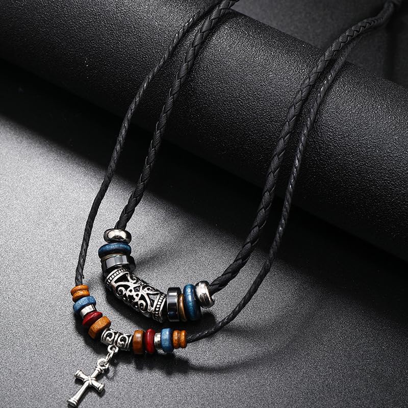 ONLYJUMP Bohemian Double Layers Leather Necklace for Men Women Vintage Boho Tribal Ethnic Wood Beads Braided Adjustable Hipppie Cross Hemp Cords Pendant Charm Choker Jewelry - color: Cross