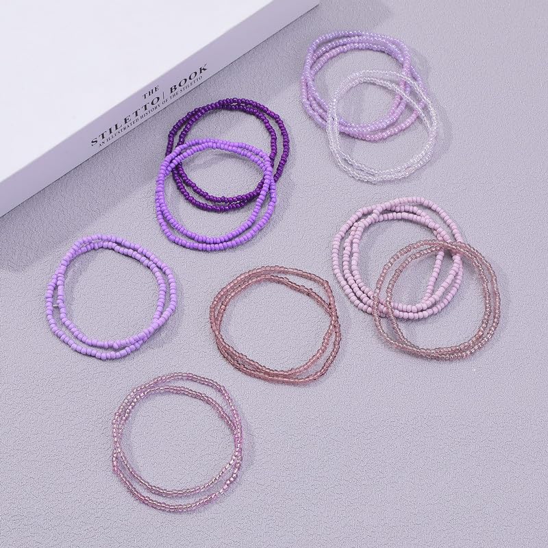 18-20PCS Colorful Bohemia Seed Beaded Bracelets Set Stackable Boho Stretch Bangle Bracelets Multilayer Boho Anket Concert Summer Beach Vaction Surf Jewelry Accessory - color: Purple-20pcs
