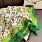 FEIBOON 100% Pure Mulberry Silk Scarfs 26"x26" Square Scarf Women Neckerchief Headscarf hair scarf bandana Gift Packed - color: Beige+green Flowers