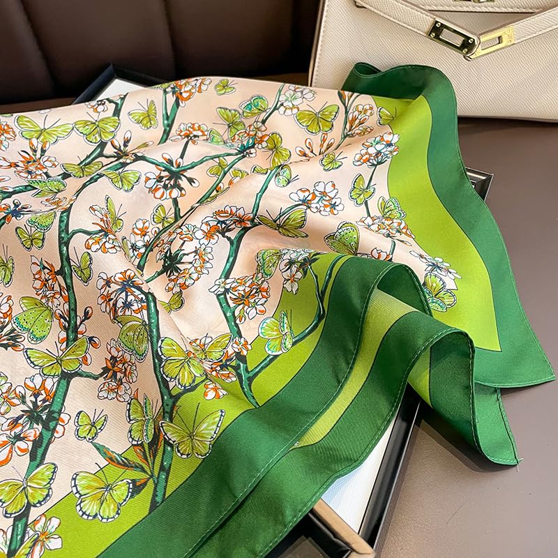 FEIBOON 100% Pure Mulberry Silk Scarfs 26"x26" Square Scarf Women Neckerchief Headscarf hair scarf bandana Gift Packed - color: Beige+green Flowers