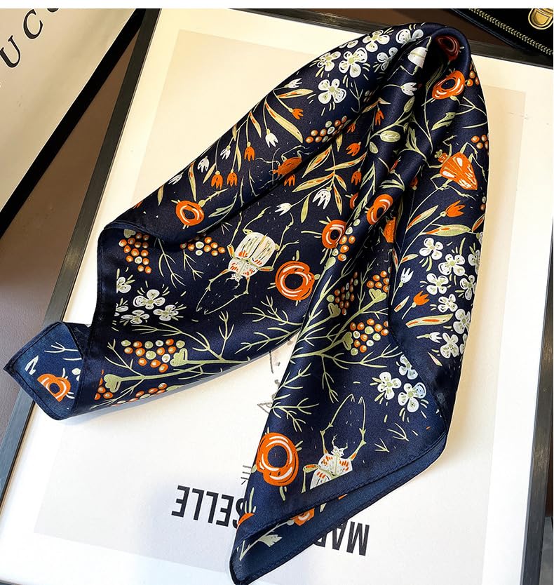 100% Mulberry Silk Neck Scarf - 21'' x 21'' Lightweight Neckerchief - Women Men Small Square Digital Printed Scarves - color: Navy Flower & Insects