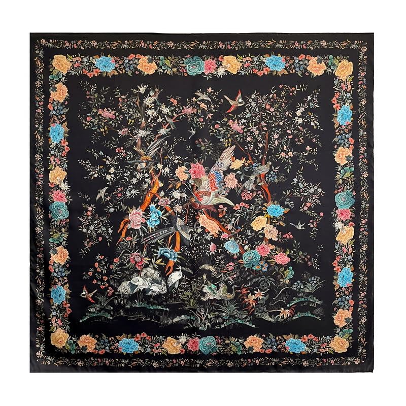 100% Pure Mulberry Silk Scarf 43”*43” Large Square Lightweight Headscarf Women’s Hair Wraps Shawls with Gift Packed - color: Black Flower