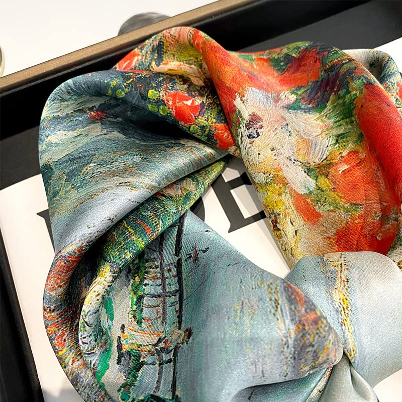 FEIBOON 100% Pure Mulberry Silk Scarfs 26"x26" Square Scarf Women Neckerchief Headscarf hair scarf bandana Gift Packed - color: Flower Sea Oil Painting