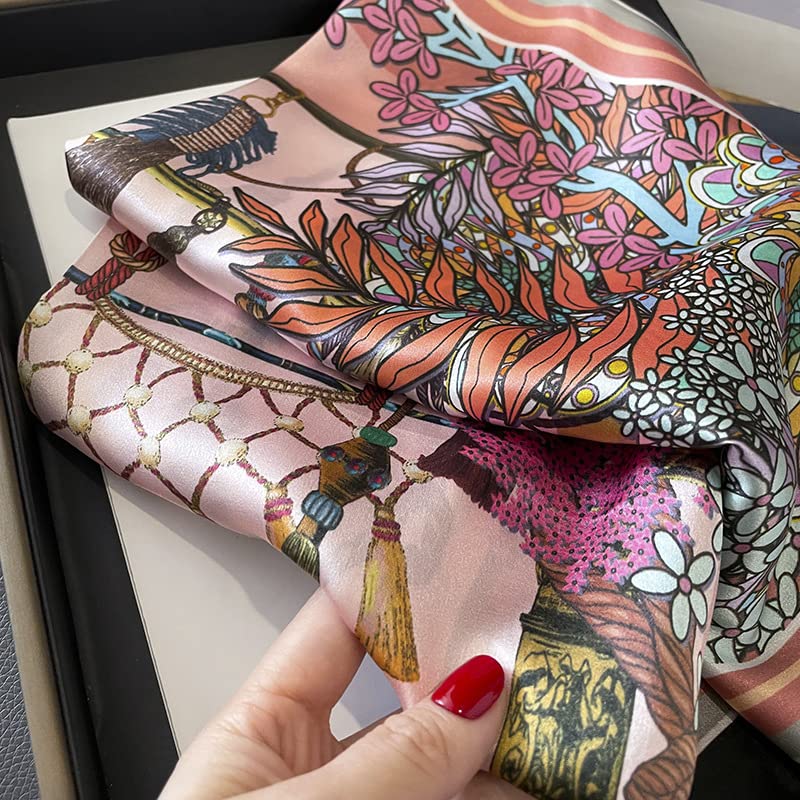 FEIBOON 100% Pure Mulberry Silk Scarfs 26"x26" Square Scarf Women Neckerchief Headscarf hair scarf bandana Gift Packed - color: Pink Classic-2