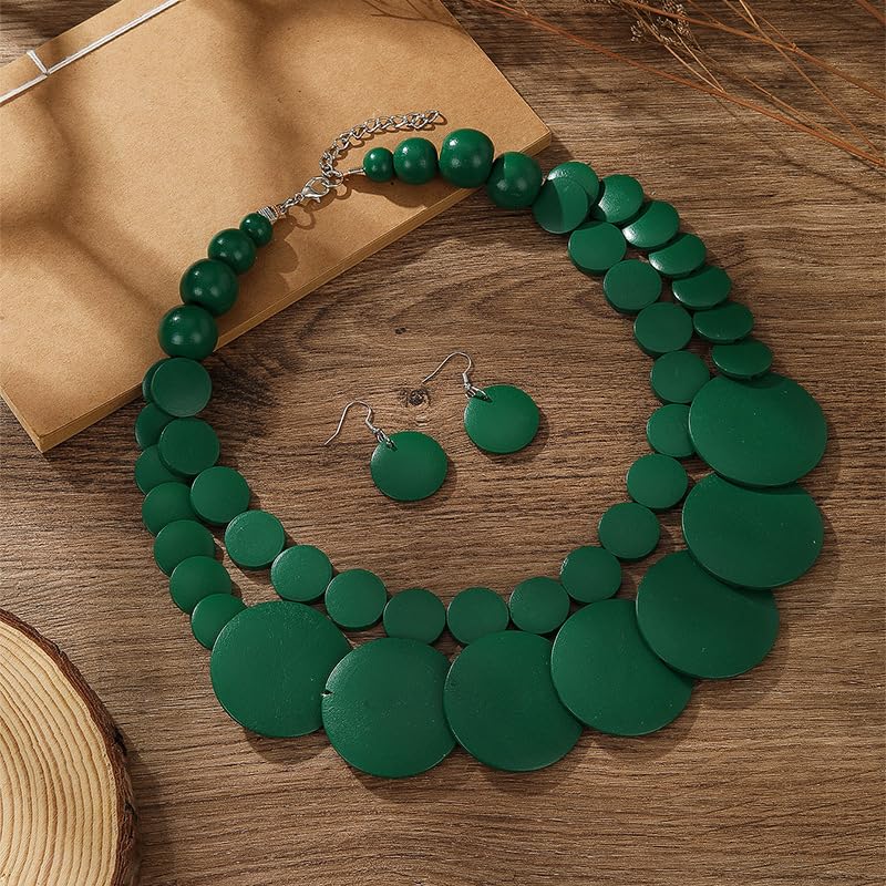 Chunky Wood Beaded Necklace Earrings Set African Tribal Collar Choker Necklace Geometric Ethnic Statement Jewelry - color: green