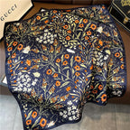 100% Mulberry Silk Neck Scarf - 21'' x 21'' Lightweight Neckerchief - Women Men Small Square Digital Printed Scarves - color: Navy Flower & Insects