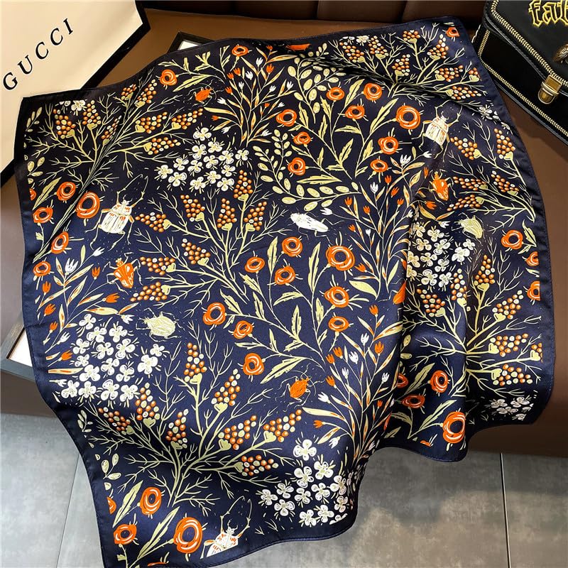 100% Mulberry Silk Neck Scarf - 21'' x 21'' Lightweight Neckerchief - Women Men Small Square Digital Printed Scarves - color: Navy Flower & Insects