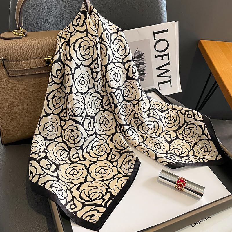 FEIBOON 100% Pure Mulberry Silk Scarfs 26"x26" Square Scarf Women Neckerchief Headscarf hair scarf bandana Gift Packed - color: Black Geometry