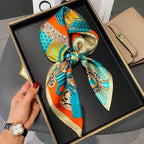 FEIBOON 100% Pure Mulberry Silk Scarfs 26"x26" Square Scarf Women Neckerchief Headscarf hair scarf bandana Gift Packed - color: Orange Green Classic