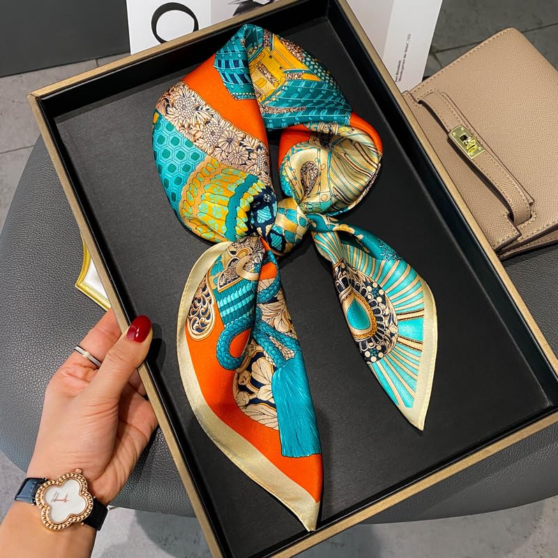 FEIBOON 100% Pure Mulberry Silk Scarfs 26"x26" Square Scarf Women Neckerchief Headscarf hair scarf bandana Gift Packed - color: Orange Green Classic